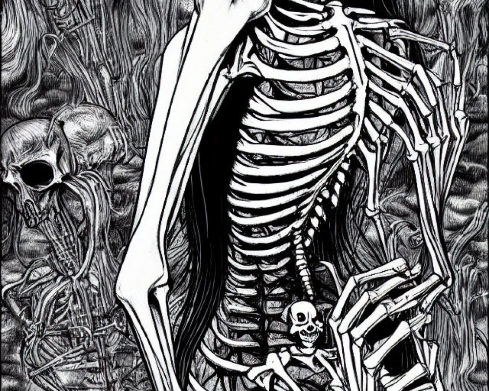 Monochrome illustration of skeletal figure amid skulls and twisted forms