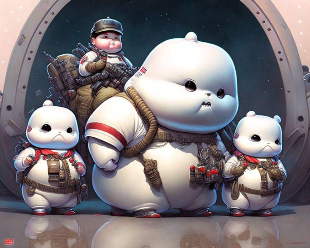 Three chubby cartoon astronauts in space suits with futuristic weapons by spacecraft hatch