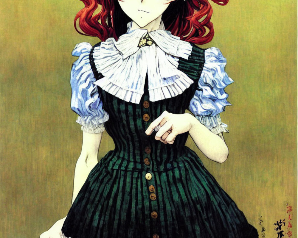 Stylized anime girl with red curly hair and blue eyes in green dress holding flower