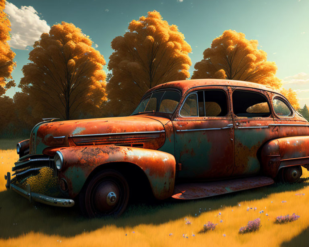 Abandoned rusty vehicle in field with yellow grass and golden sky