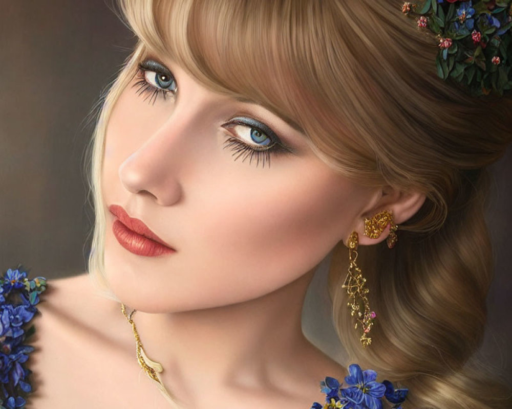 Portrait of Woman with Blue Eyes, Blonde Hair, Flowers, Gold Accessories