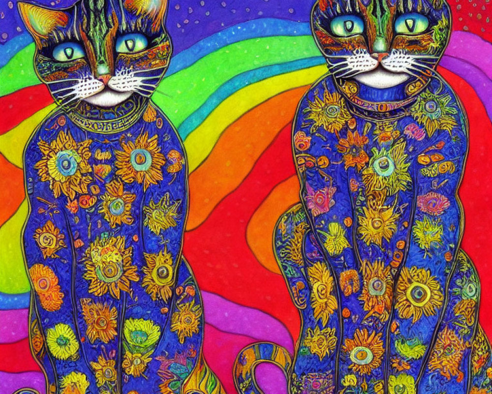 Colorful Rainbow and Star Patterned Cats on Vibrant Background