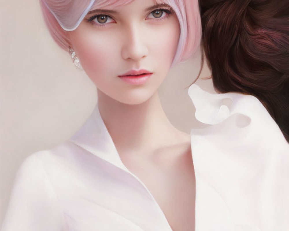 Digital illustration: Woman with pink hair, blue eyes, white blouse, bow, earring.