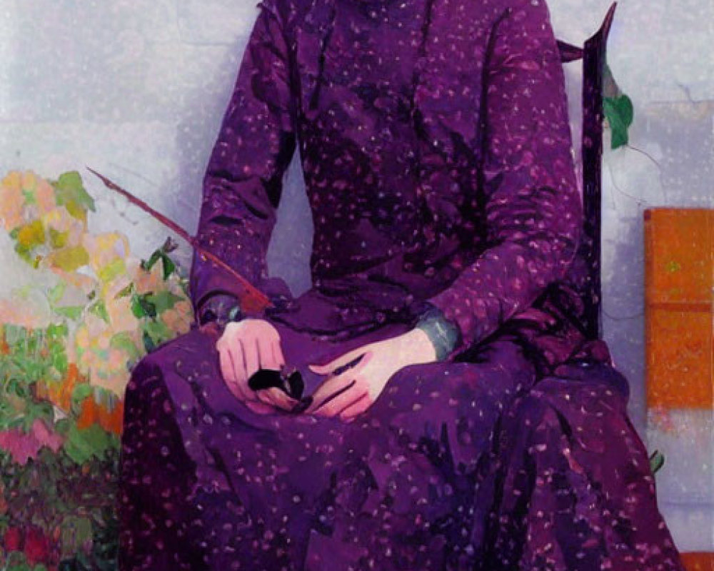 Seated person in purple outfit with floral backdrop