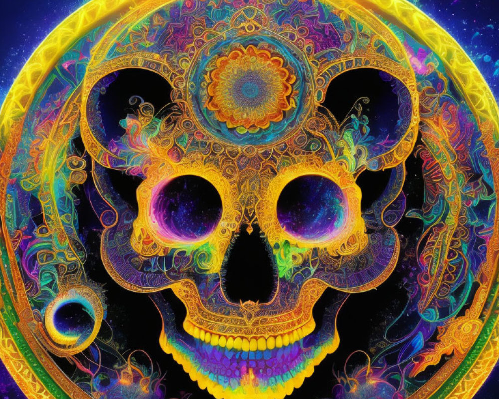 Colorful Psychedelic Skull Art with Mandala Halo on Starry Space Background