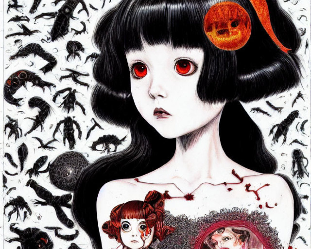 Gothic girl with red eyes and dark creatures in surreal illustration