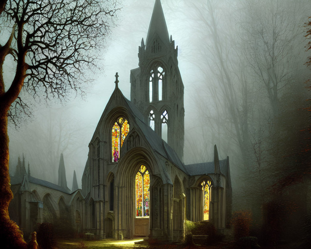 Gothic church with stained glass windows in foggy forest landscape