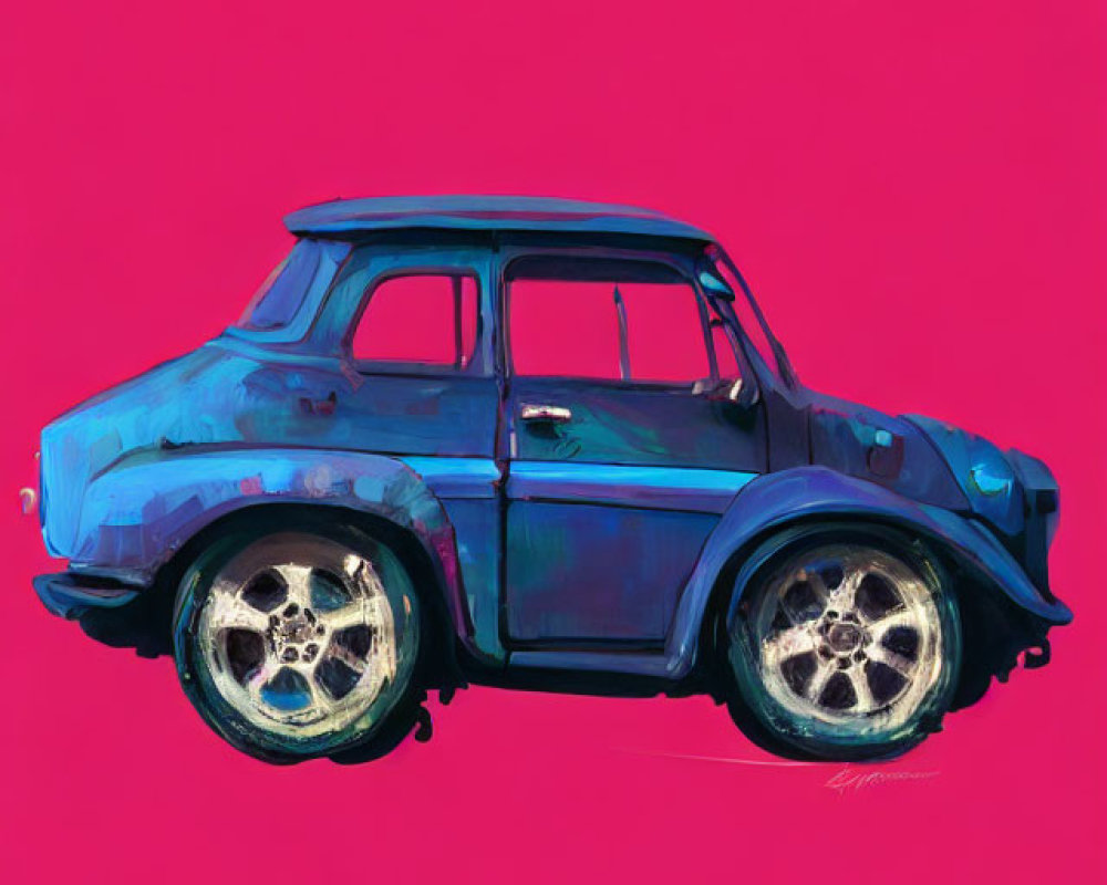 Stylized blue car illustration on bright pink background