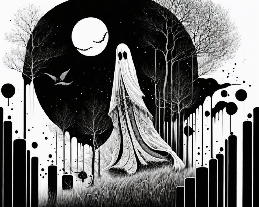 Monochromatic forest scene with ghostly figure and crescent moon