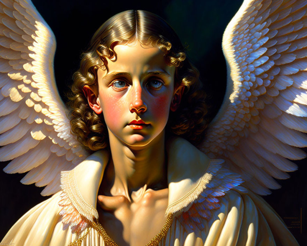 Detailed portrait of an angel with curly hair and intricate wings in warm light