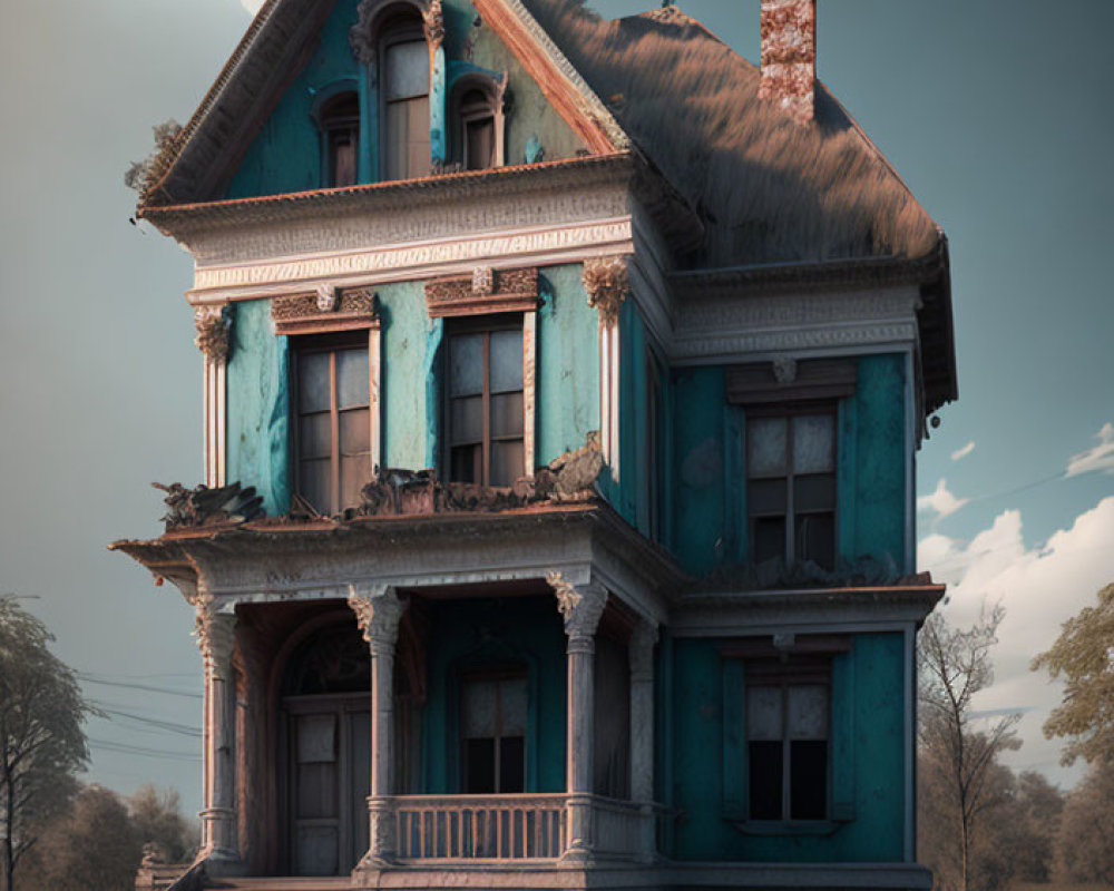 Weathered turquoise Victorian house in grassy field under cloudy sky