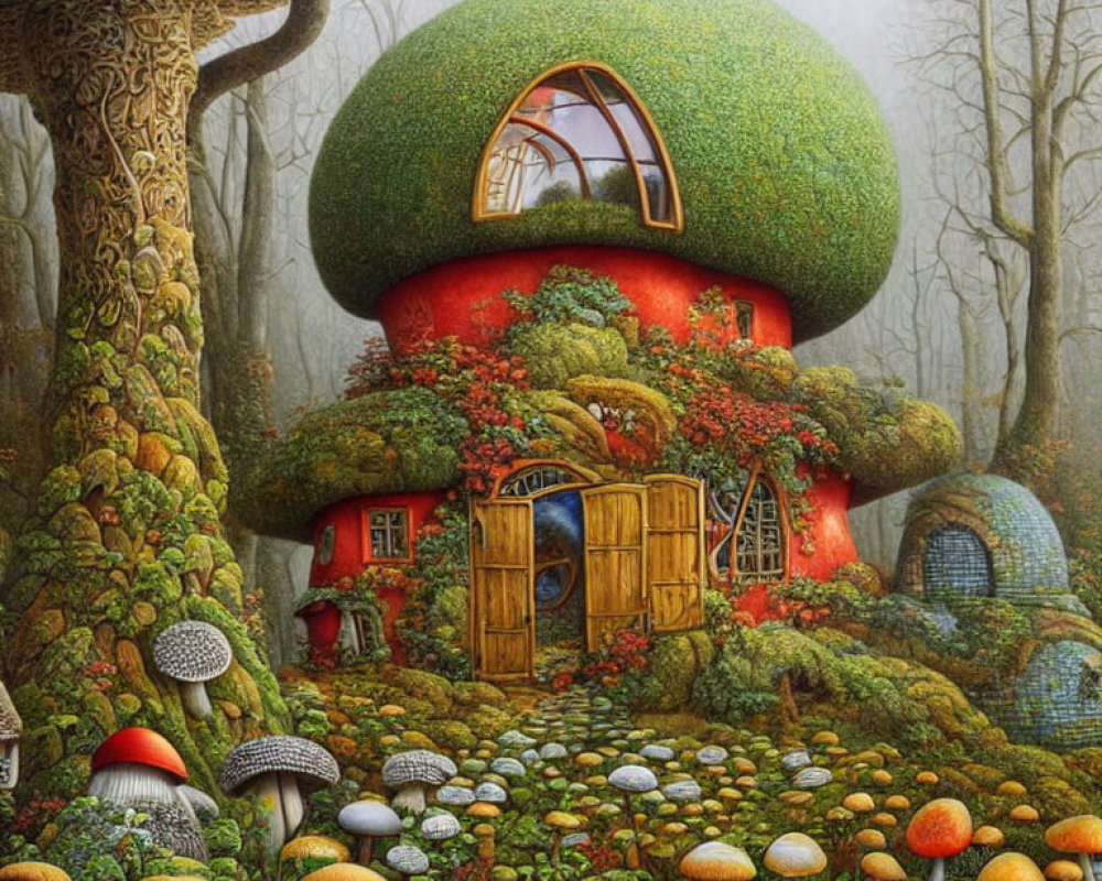 Whimsical mushroom-shaped house in lush forest setting