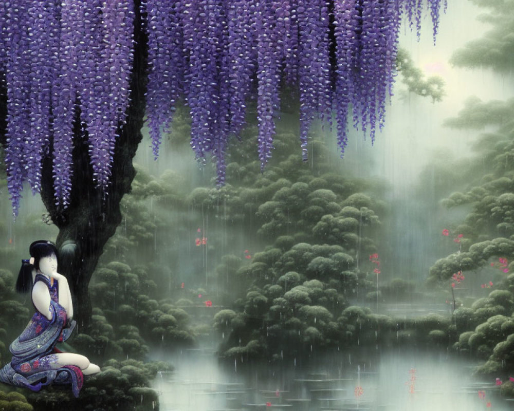 Illustrated woman in traditional dress under purple wisteria by serene lake