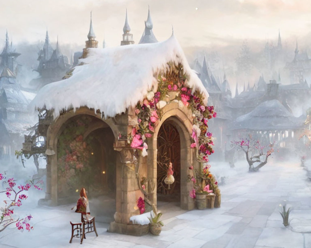 Snow-covered stone building with pink flowers, woman in red, and frosty village backdrop