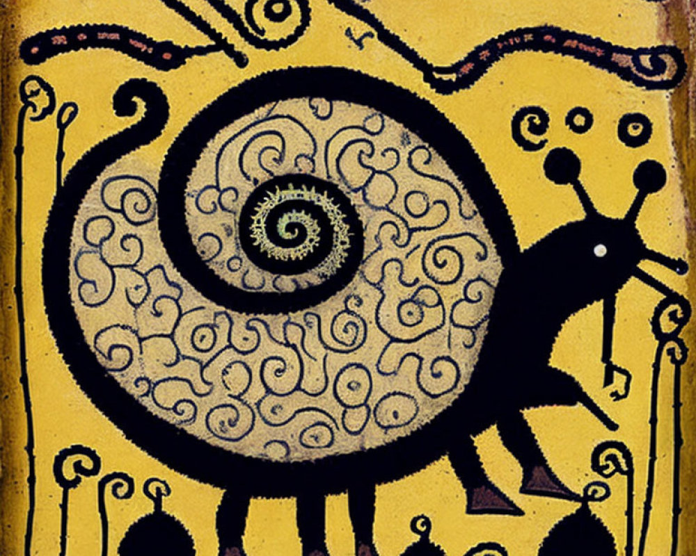 Abstract tribal-style painting of spiral-tailed creature on yellow background