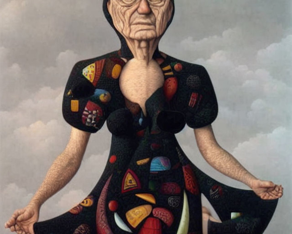 Colorful surreal artwork: person with elongated head & abstract suit.