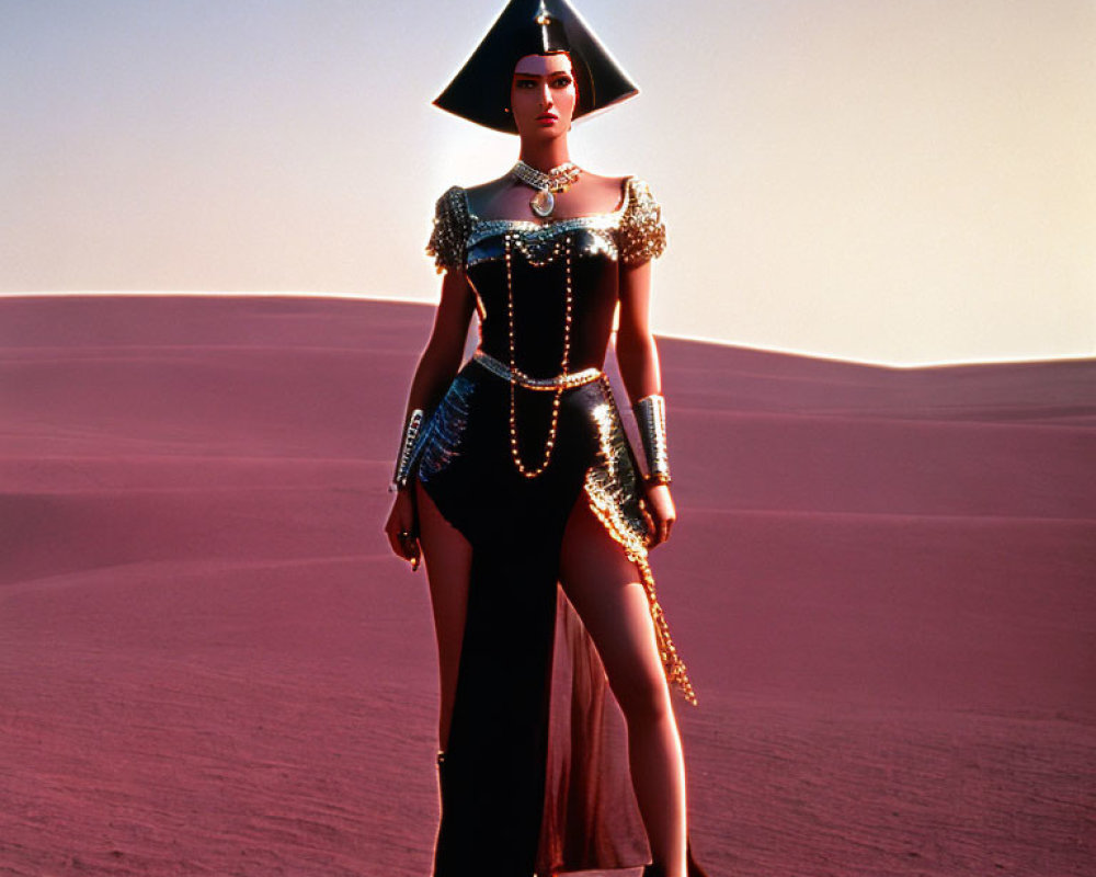 Elaborate costume with triangular headpiece in desert setting