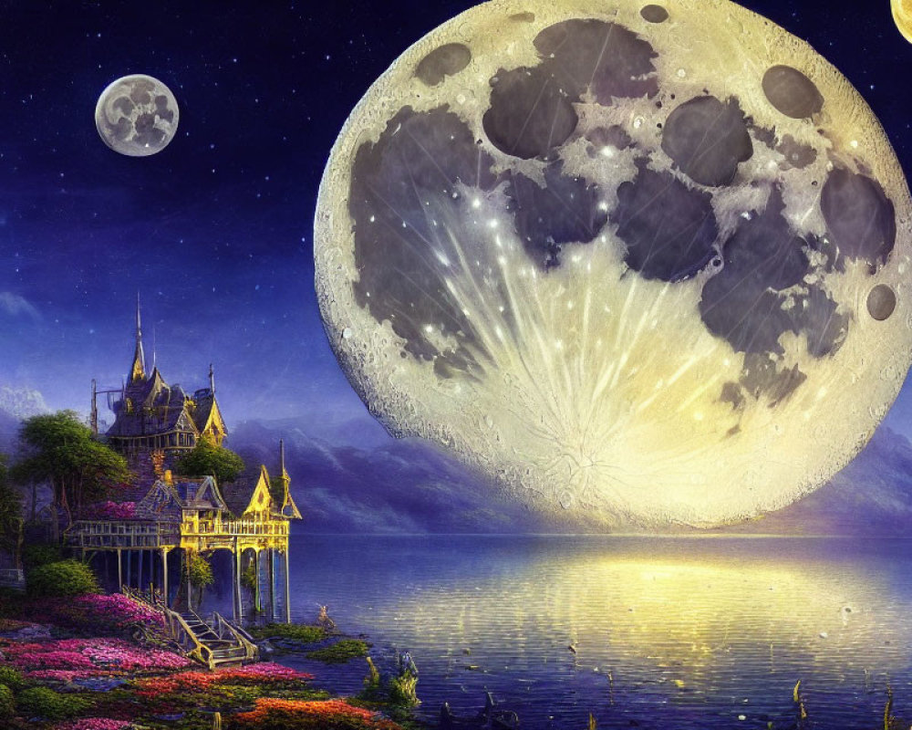 Fantastical moonlit lake scene with castle and lush greenery