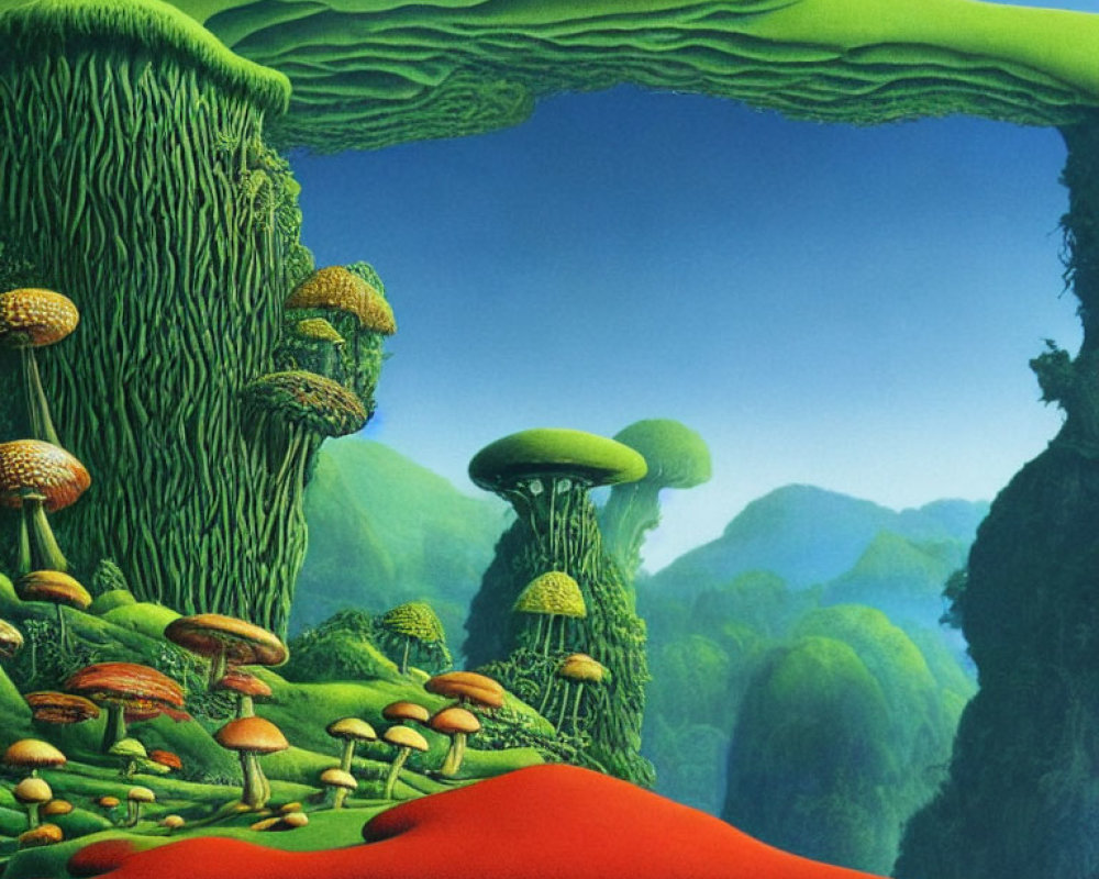 Surreal Landscape with Red Pathway and Oversized Mushrooms