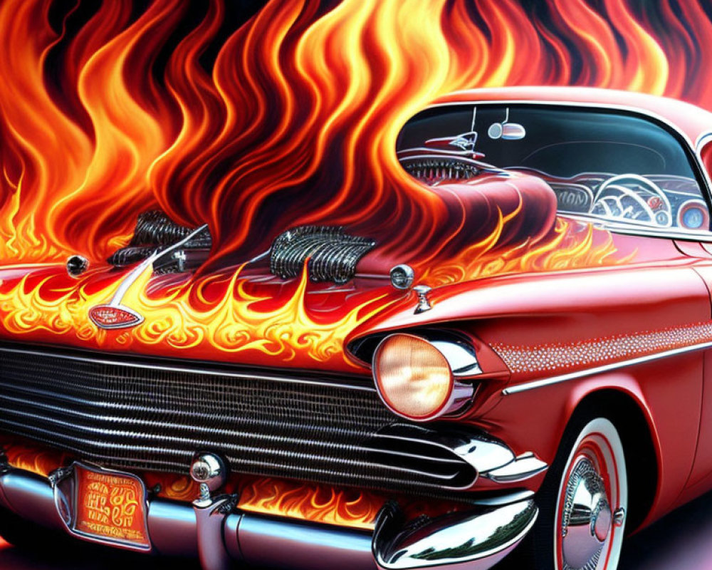 Colorful Artwork of Red Car with Flames Background