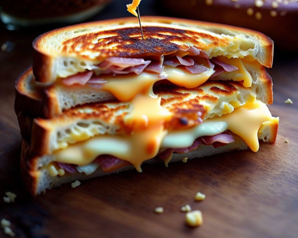 Golden-brown Grilled Cheese Sandwich with Ham on Wooden Surface