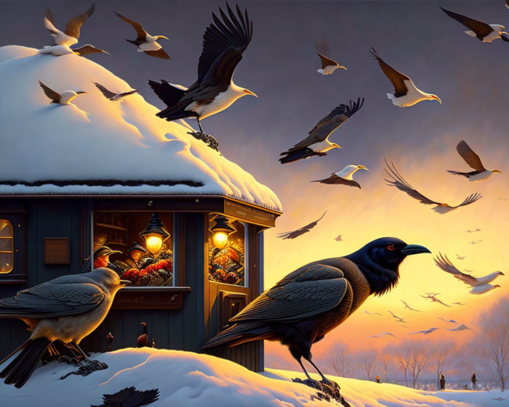 Snow-covered house with lantern and birds in serene winter evening scene