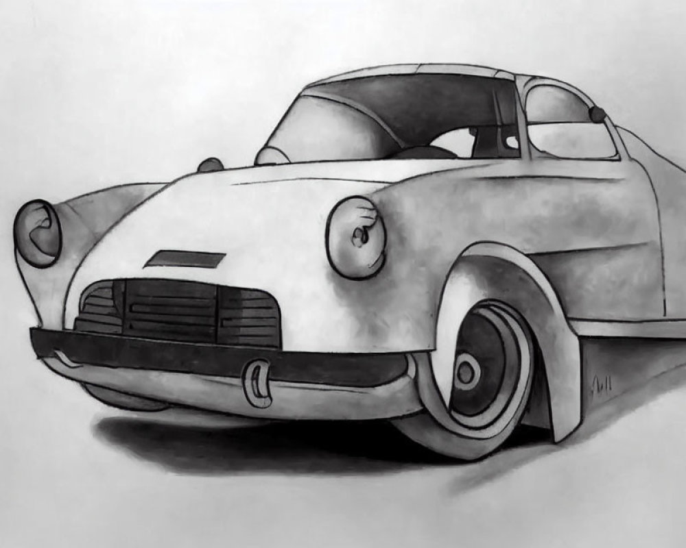 Detailed pencil sketch of vintage car with round headlights and sleek design.