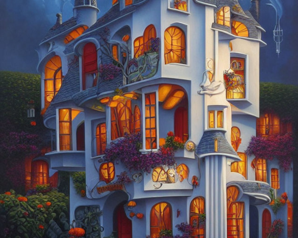 Colorful fantasy house painting with vibrant lights and unique windows