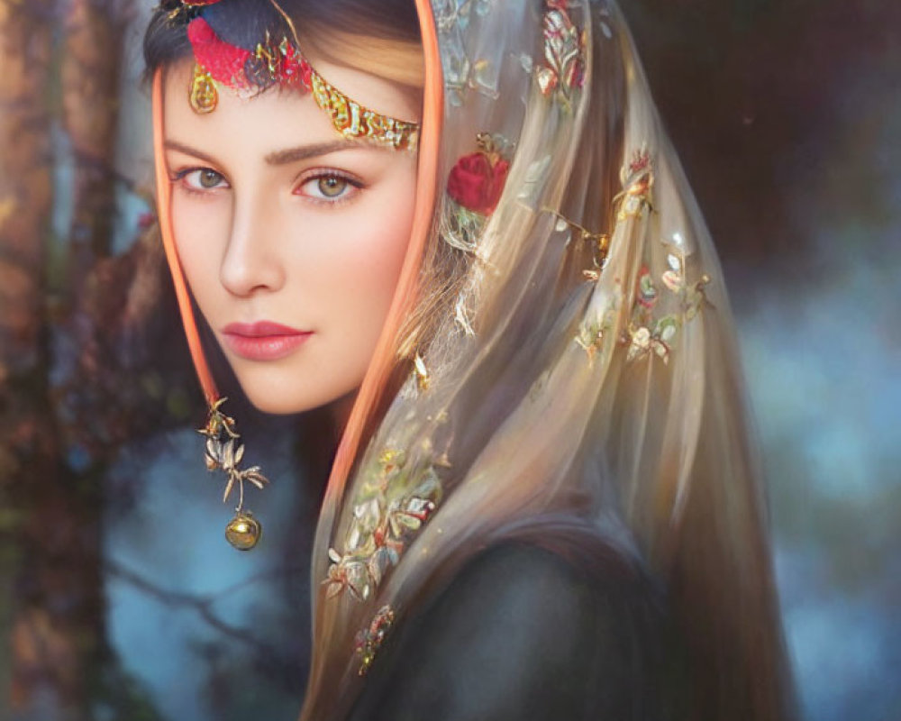 Woman with Translucent Veil and Red Roses in Forest Setting