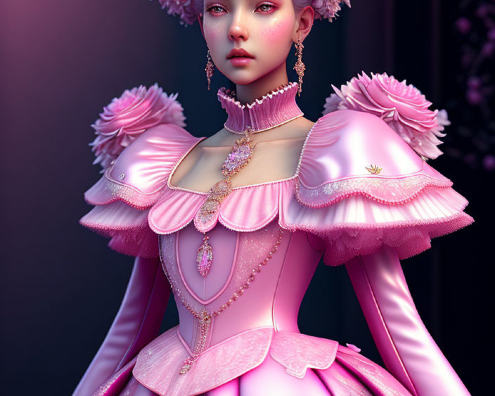 Digital artwork: Woman in pink Victorian dress with floral details.