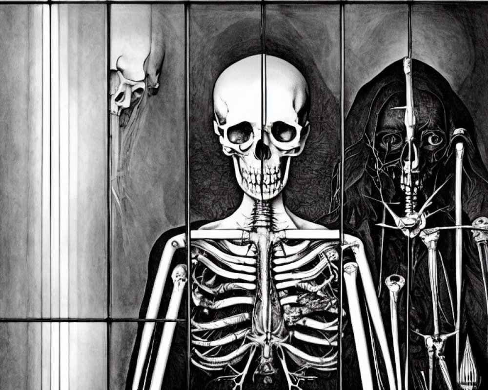 Monochromatic triptych art: stylized skull, full skeletal figure, hooded skeletal figure