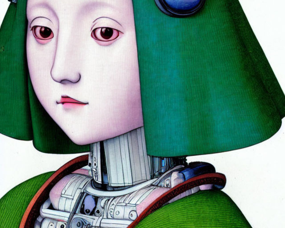 Female humanoid figure with mechanical neck, green garment, and helmet-like headgear with circular attachments.