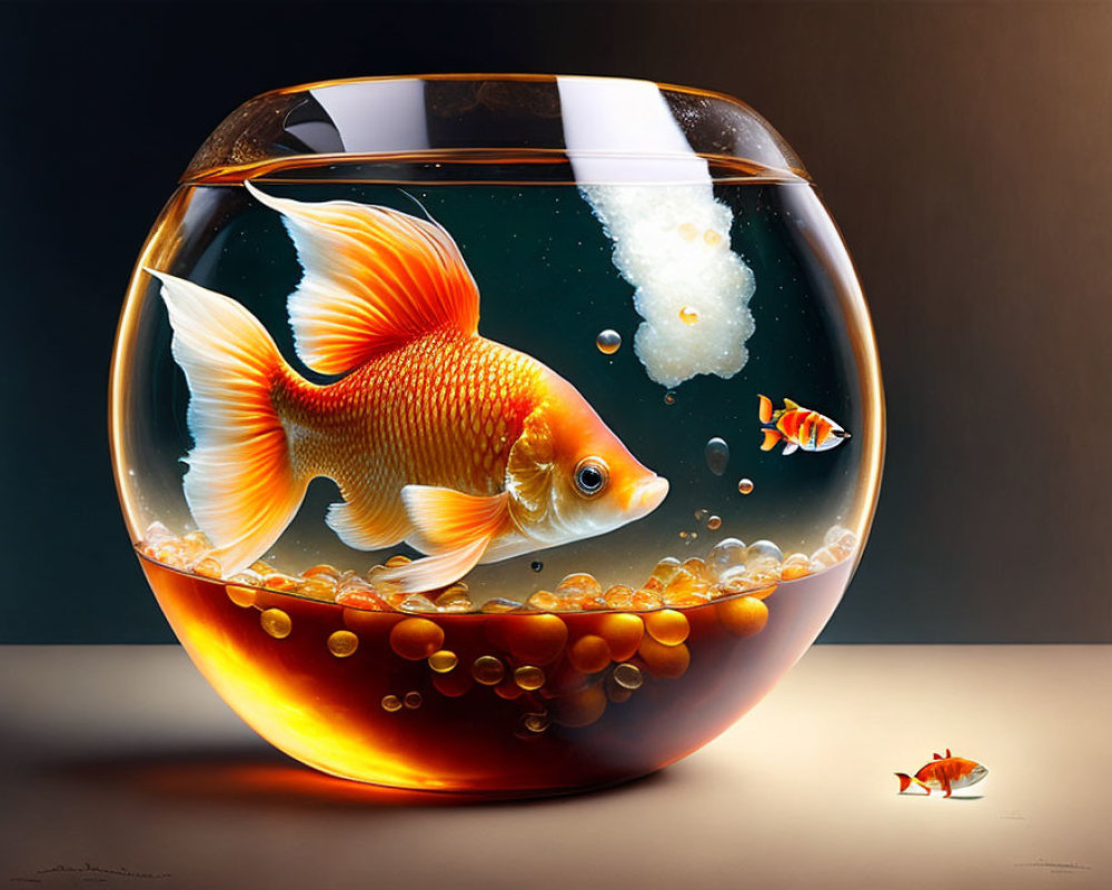 Two Goldfish and Tiny Fish in Bowl with Pebbles and Bubbles