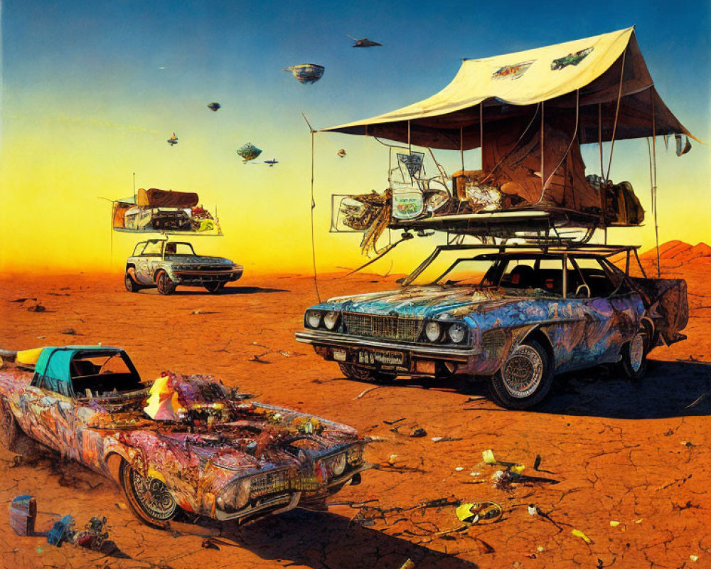 Colorful cars, makeshift tent, trash, and flying saucers in desert landscape