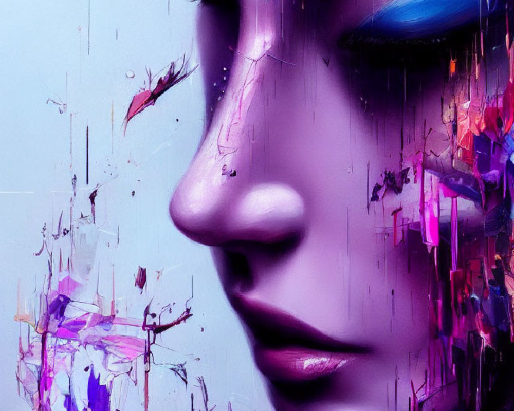 Colorful digital artwork: Woman's profile in melting, fragmented design in purple, blue, and pink