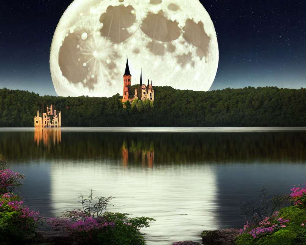 Serene lake with castle, trees, full moon, stars, and pink flowers
