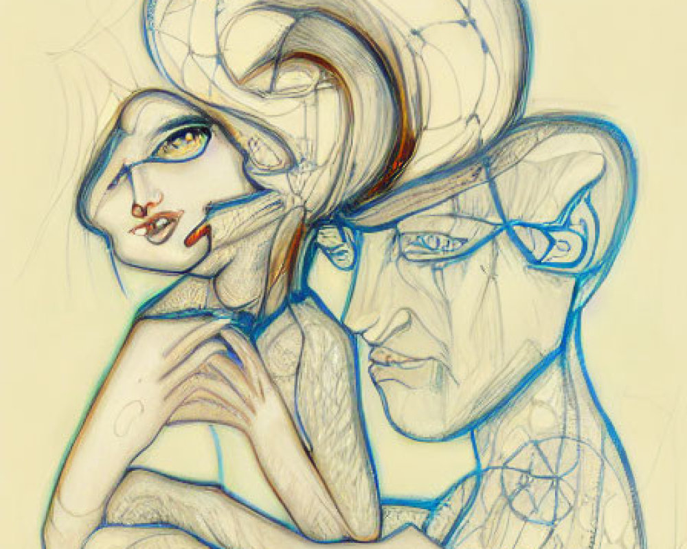 Abstract sketch of two stylized faces with exaggerated features: one feminine with flowing hair, the other masculine