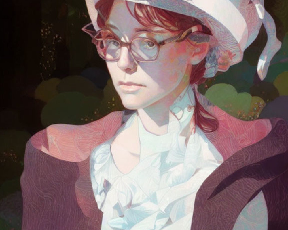 Vintage-style portrait of young woman in round glasses, floral hat, ruffled blouse, and patterned