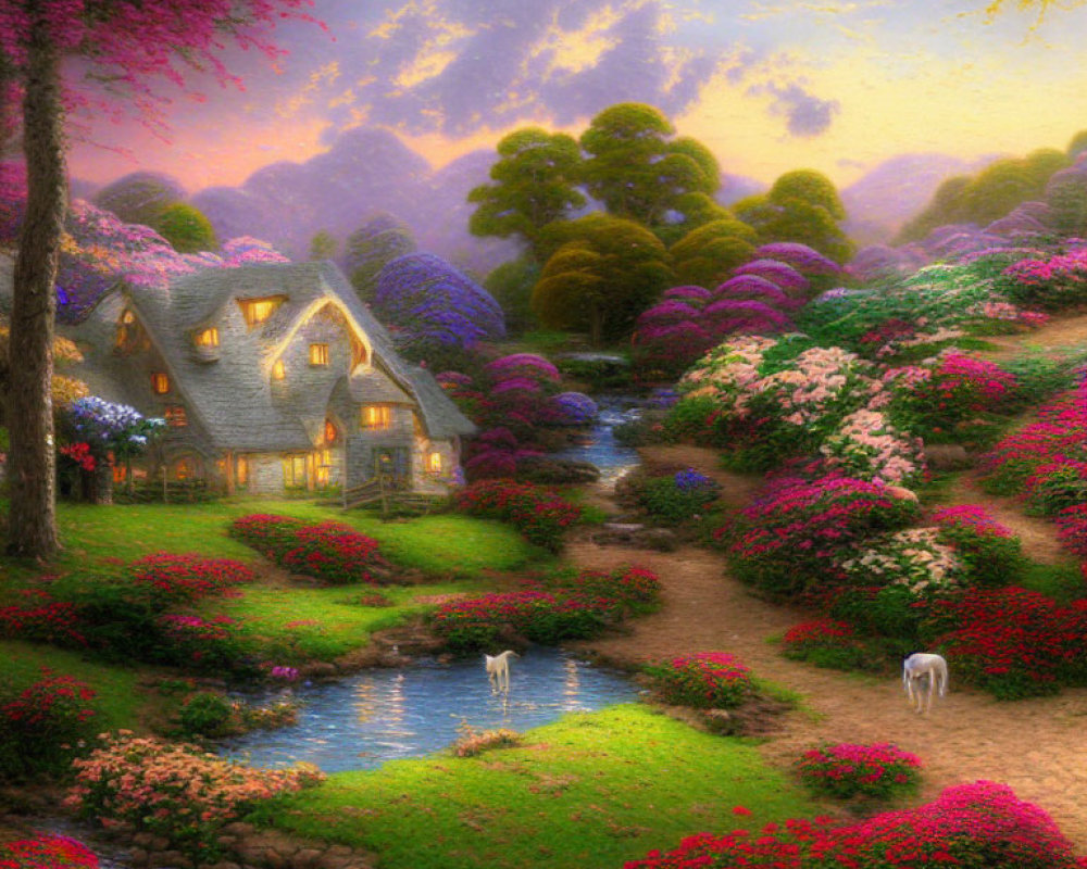 Cottage surrounded by blooming gardens, stream, horses, dreamlike sky