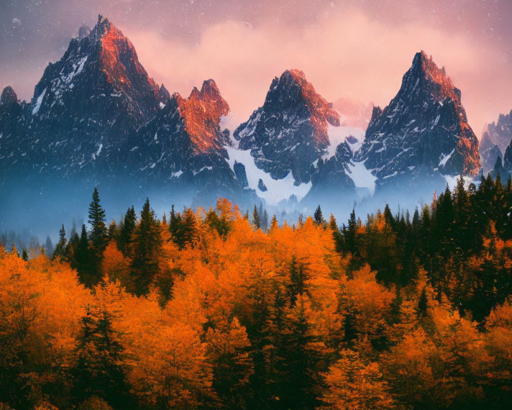 Fiery orange trees and snow-capped mountains in autumn landscape