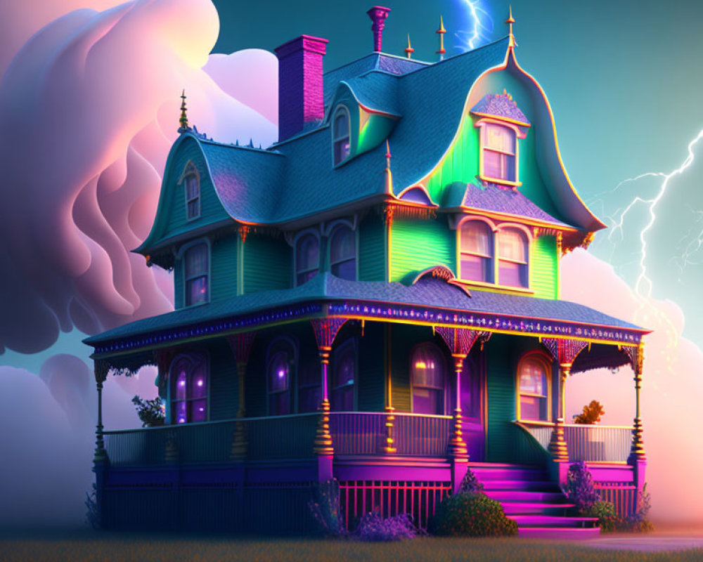 Colorful Victorian House Illustration with Ominous Sky