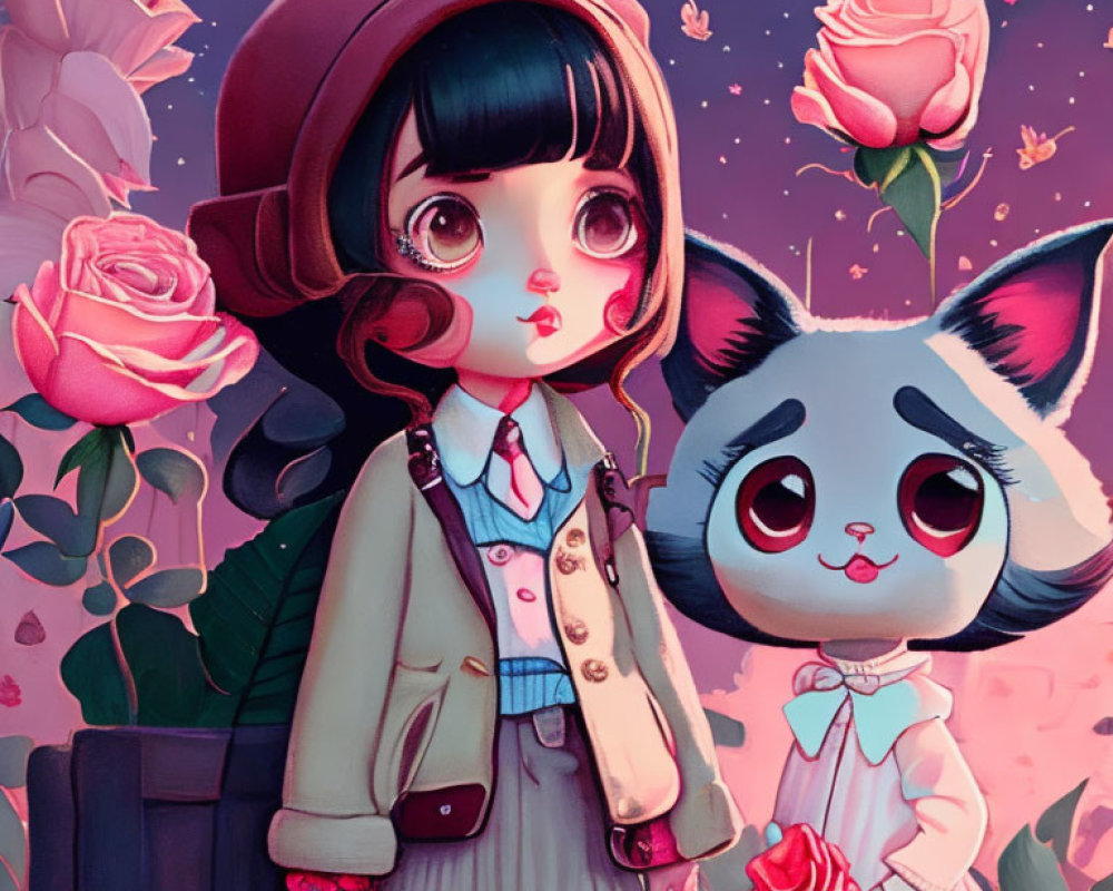 Stylized illustration of girl and cat with large eyes in pink rose setting