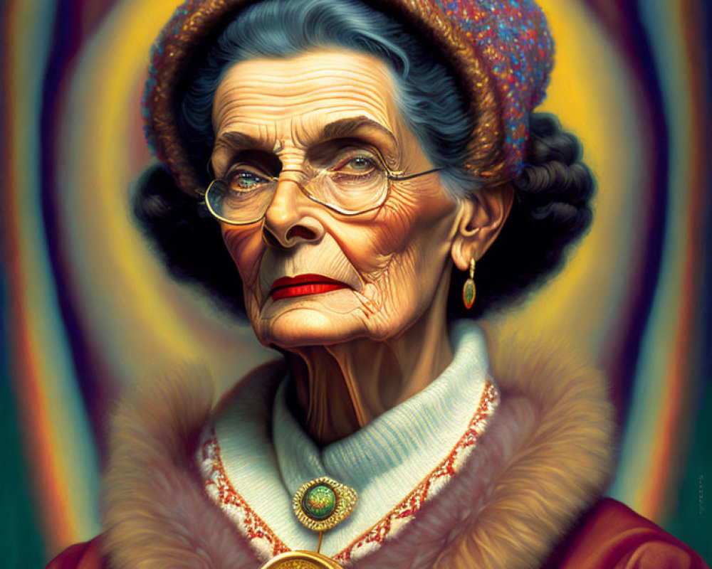 Detailed illustration of elderly woman in colorful attire against golden backdrop