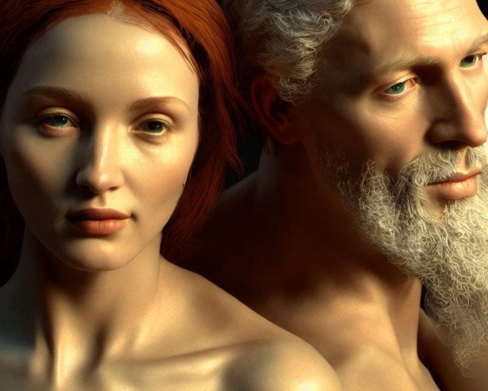 Realistic digital art of young woman with auburn hair and older man with white beard.