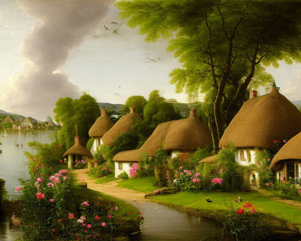 Tranquil countryside landscape with thatched-roof cottages, river, greenery, flowers,