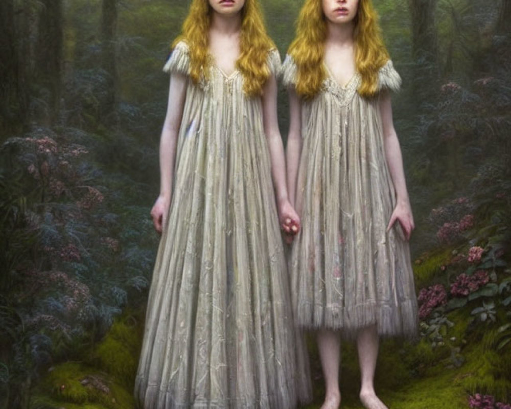 Two girls in ethereal gowns in misty forest setting