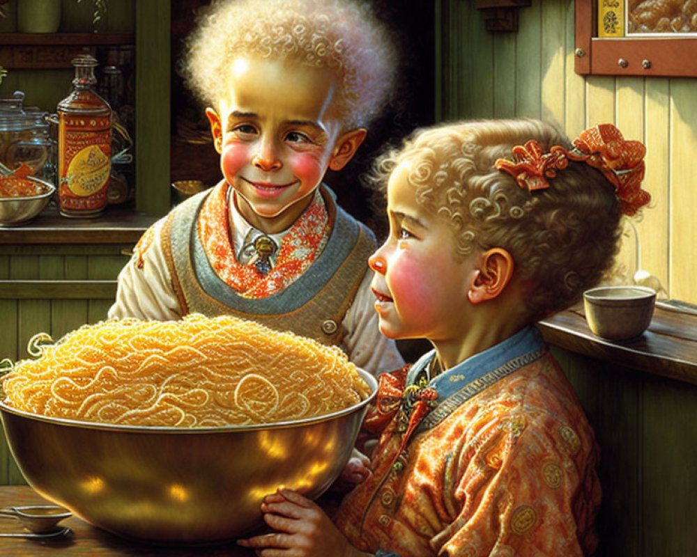 Curly-Haired Children Admiring Bowl of Noodles in Vintage Kitchen