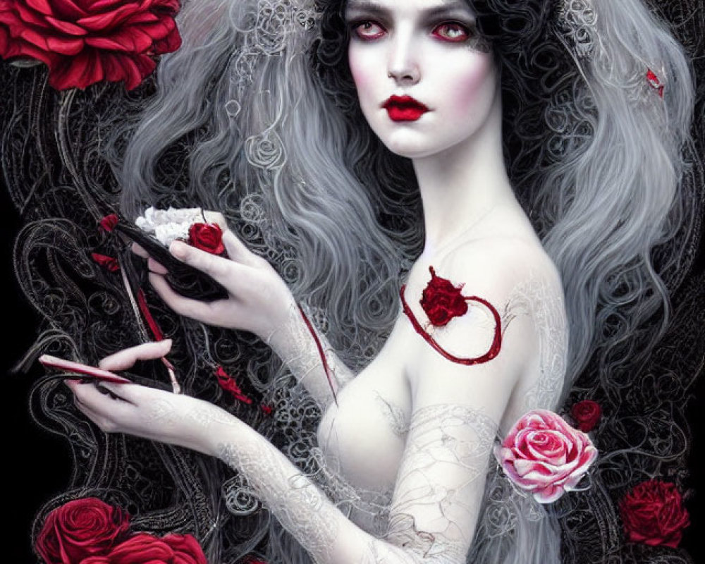 Pale woman with gray hair and red roses, dramatic makeup, holding petal and thorn.