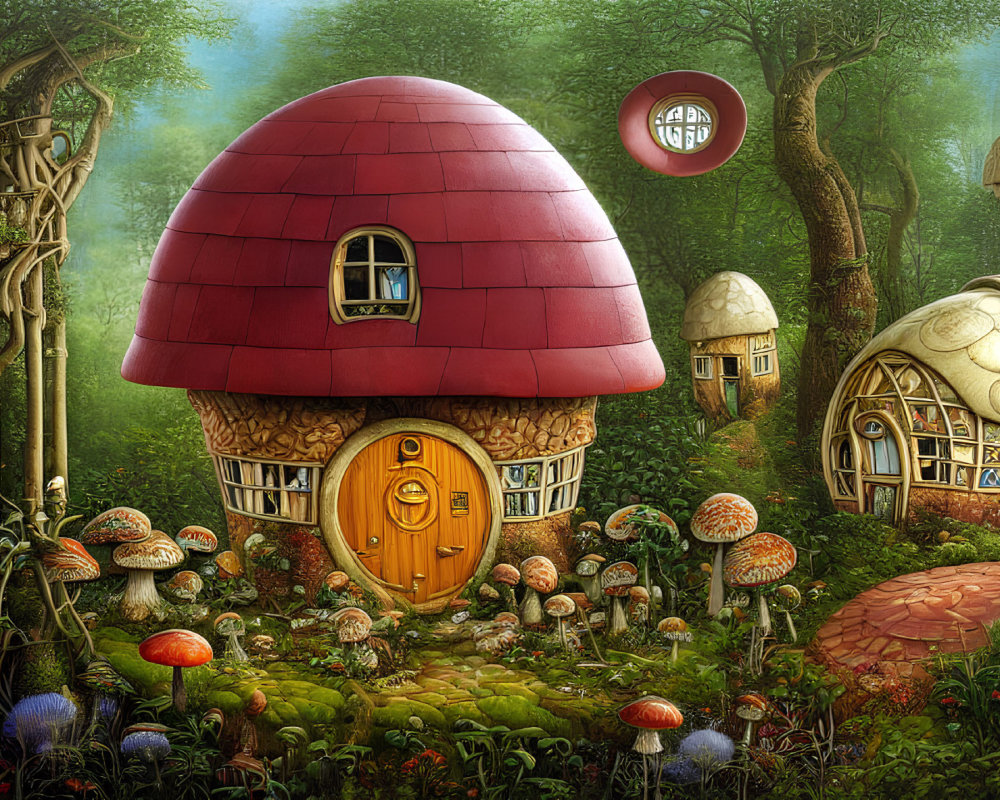 Whimsical mushroom-shaped houses in lush forest with colorful fungi