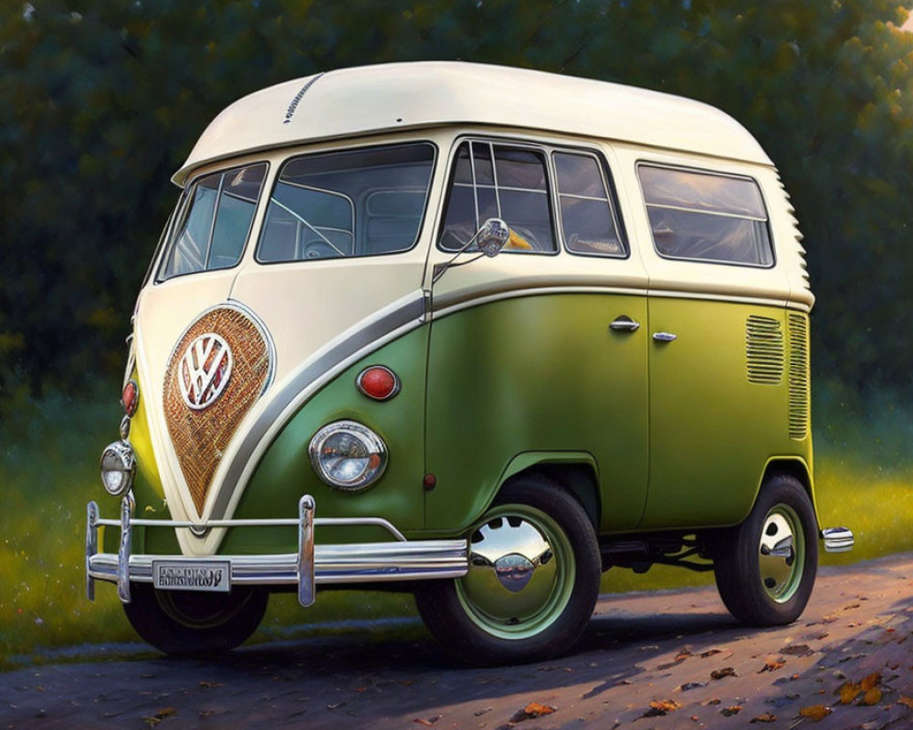 Vintage Two-Tone Green and White VW Bus in Natural Setting